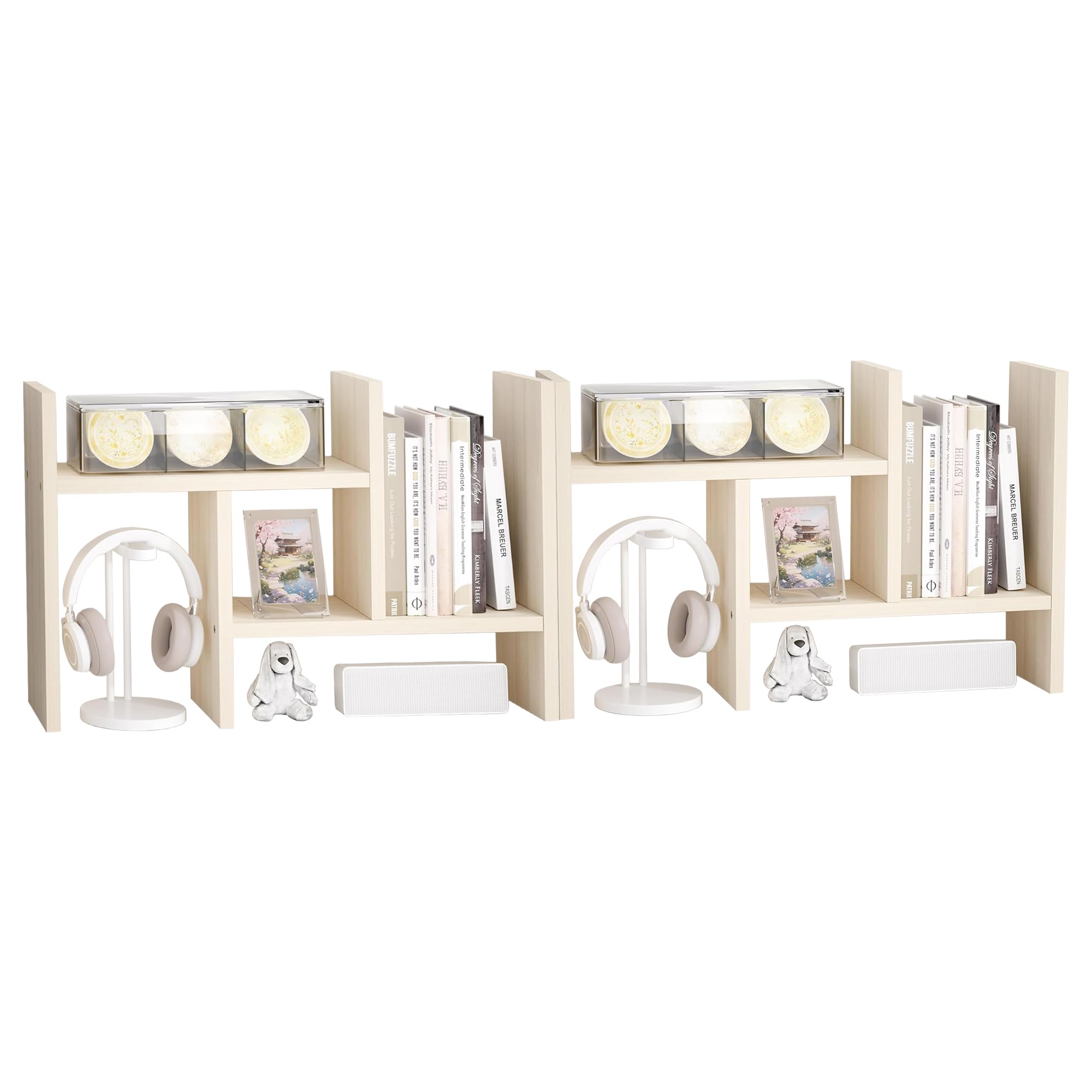 Jerry & Maggie Desktop Organizer Office Storage Rack Adjustable Wood Display Shelf Free Style Double H, Multi-Functional Mini Bookshelf for Desk Natural Stand (White Wood Tone)