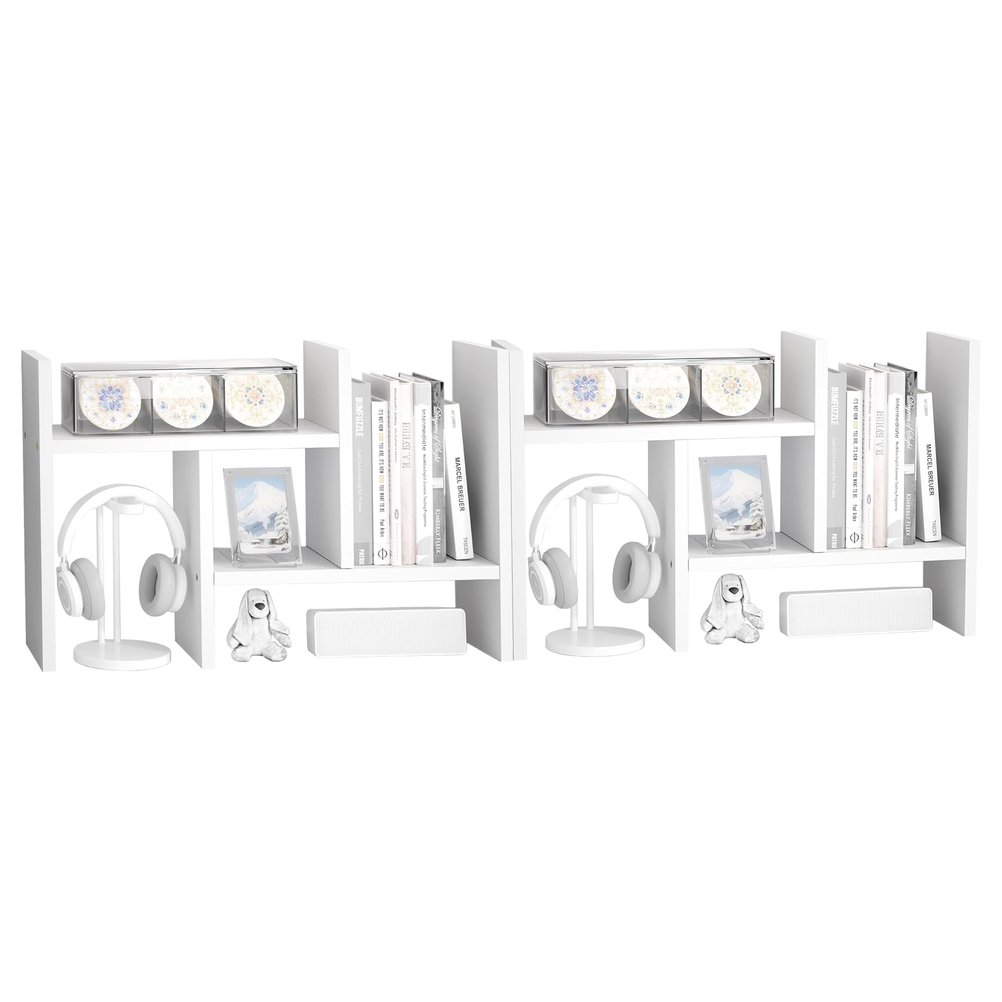 Jerry & Maggie Desktop Organizer Office Storage Rack Adjustable Wood Display Shelf Free Style Double H, Multi-Functional Mini Bookshelf for Desk Natural Stand (White Wood Tone)