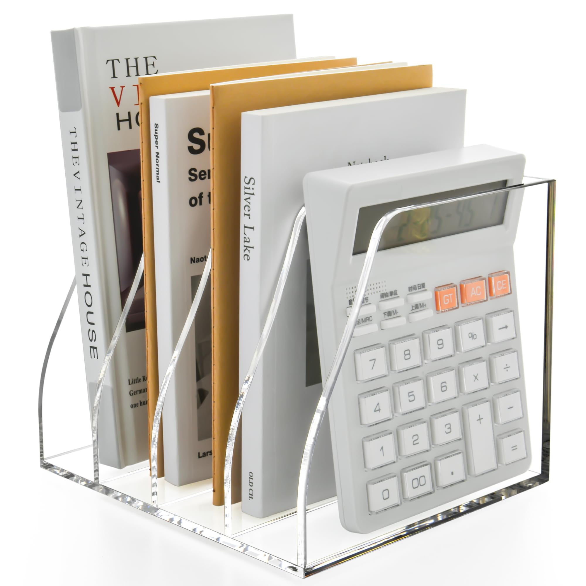 Acrylic Magazine File Holder, 4 Vertical Compartments Desk Document Sorter Organizer, Clear Folder Rack Binder for Office, Documents, Tablets, Magazines, Books – Home/Classroom Rack