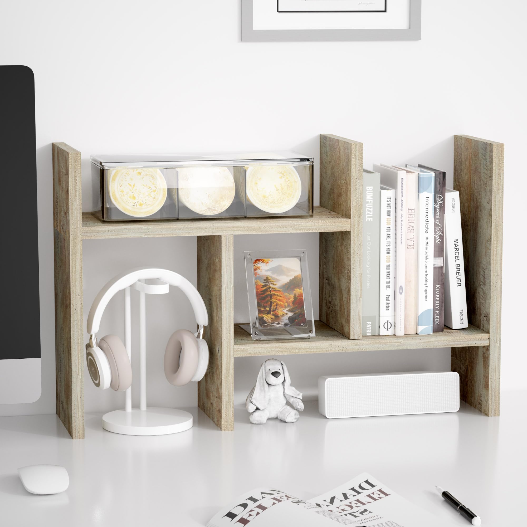 Jerry & Maggie Desktop Organizer Office Storage Rack Adjustable Wood Display Shelf Free Style Double H, Multi-Functional Mini Bookshelf for Desk Natural Stand (White Wood Tone)