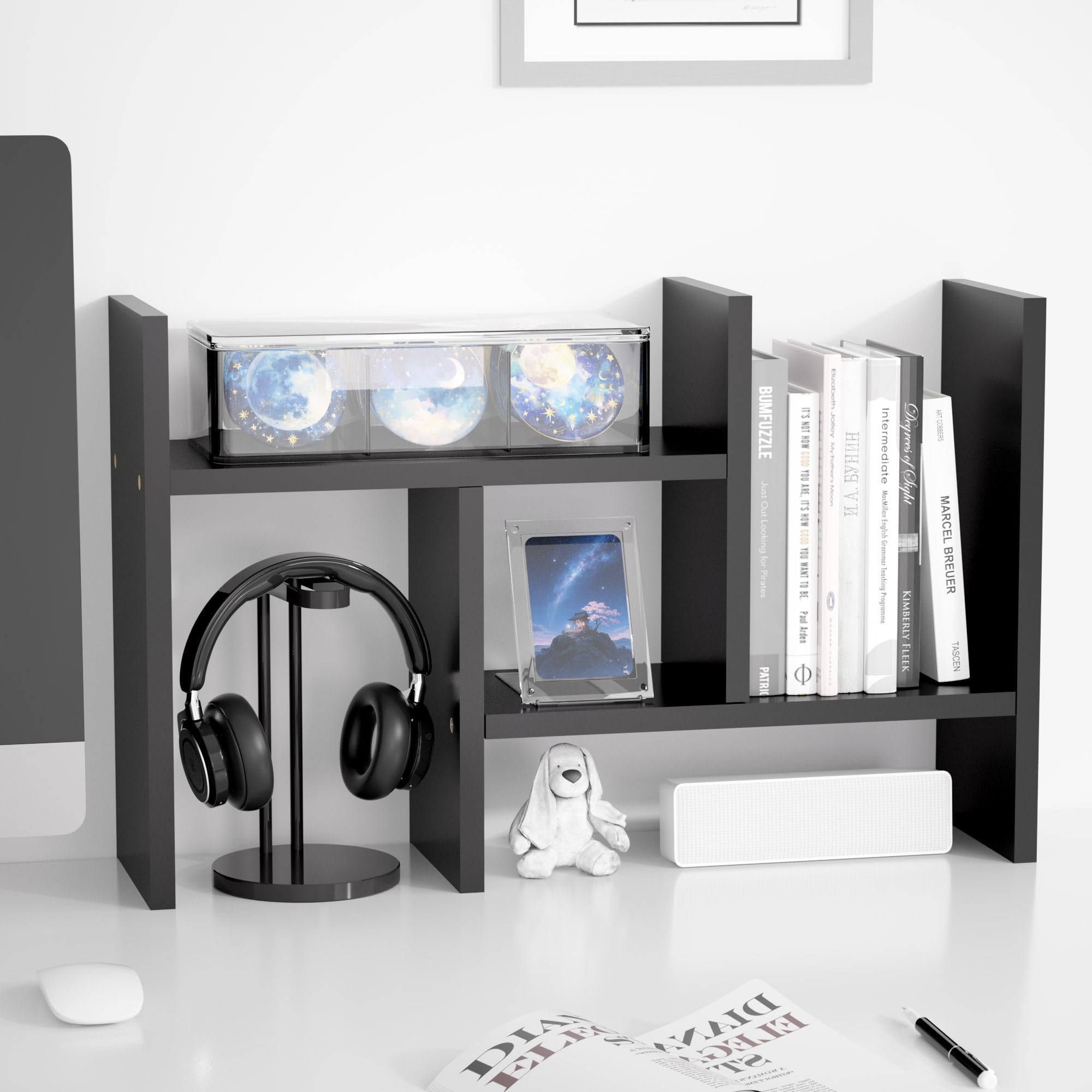 Jerry & Maggie Desktop Organizer Office Storage Rack Adjustable Wood Display Shelf Free Style Double H, Multi-Functional Mini Bookshelf for Desk Natural Stand (White Wood Tone)