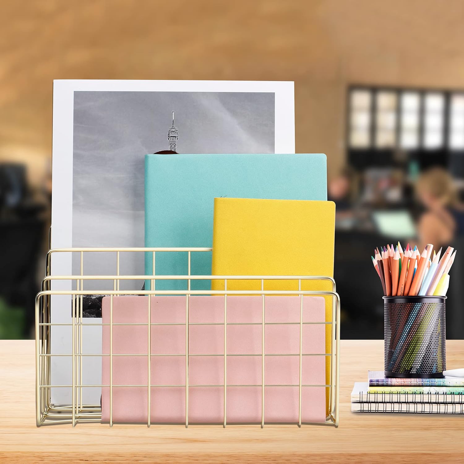 Desktop Mail Organizer File Organizer Metal Wire Mail Sorter Letter Organizer Magazine Rack for Letters, Mails, Books, Postcards, Brochures, Mail Holder (3 Slot, Gold)