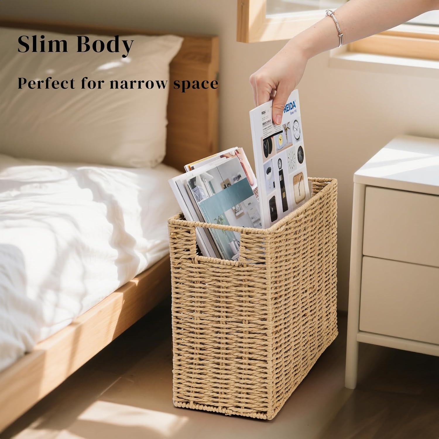 Woven Magazine Holder, Narrow Book Basket with Built-in Handles, Large 15'' x 6'' x 11'' File Storage Newspaper Organizer for Living Room, Bedroom, Office, Bathroom