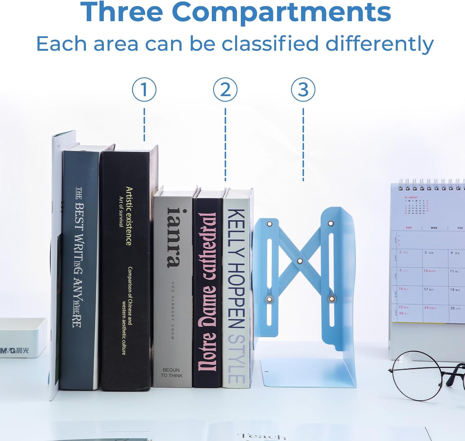 M&G Adjustable Bookends Book Ends for Shelves, Metal Bookend for Heavy Books, Desk Magazine File Organizer Holder Extends up to 20in, Book Stopper for Home, Office, Classroom (Blue)