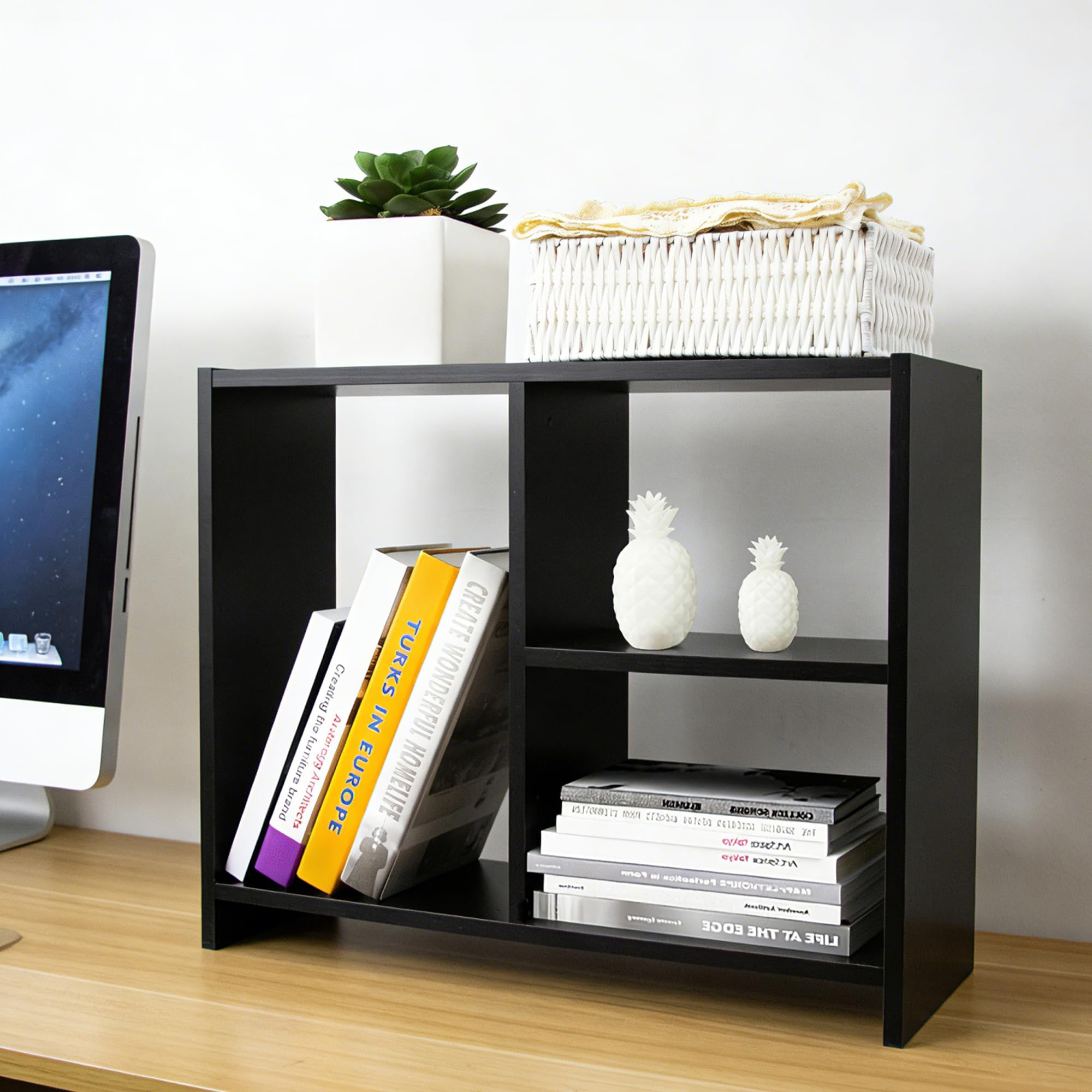 Jerry & Maggie Desktop Organizer Office Storage Rack Adjustable Wood Display Shelf Free Style Double H, Multi-Functional Mini Bookshelf for Desk Natural Stand (White Wood Tone)