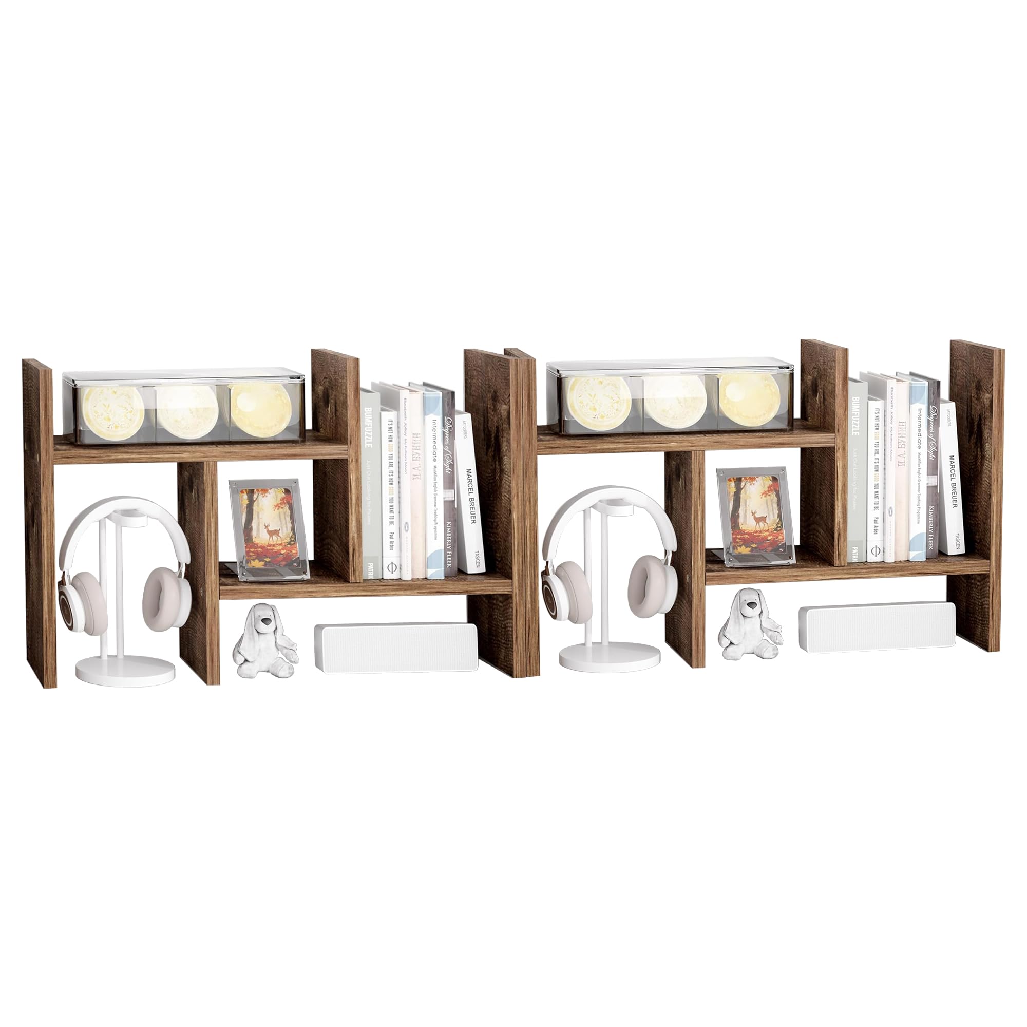 Jerry & Maggie Desktop Organizer Office Storage Rack Adjustable Wood Display Shelf Free Style Double H, Multi-Functional Mini Bookshelf for Desk Natural Stand (White Wood Tone)