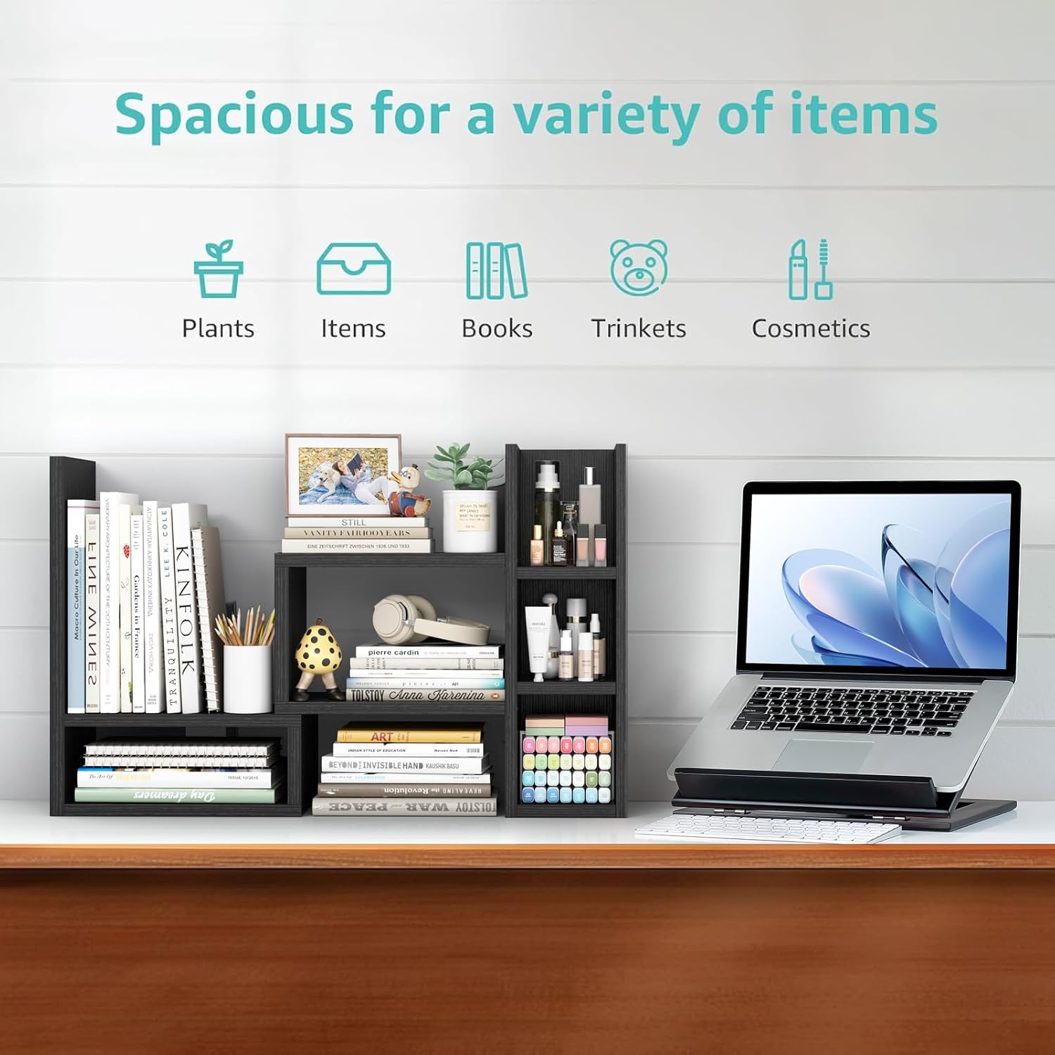 Desk Shelves Desktop Organizer Shlef - Black Office Organization for Top of Desk Organizers and Accessories Corner Bookshelf Table Top Shelving Small Hutch Decorations for Office