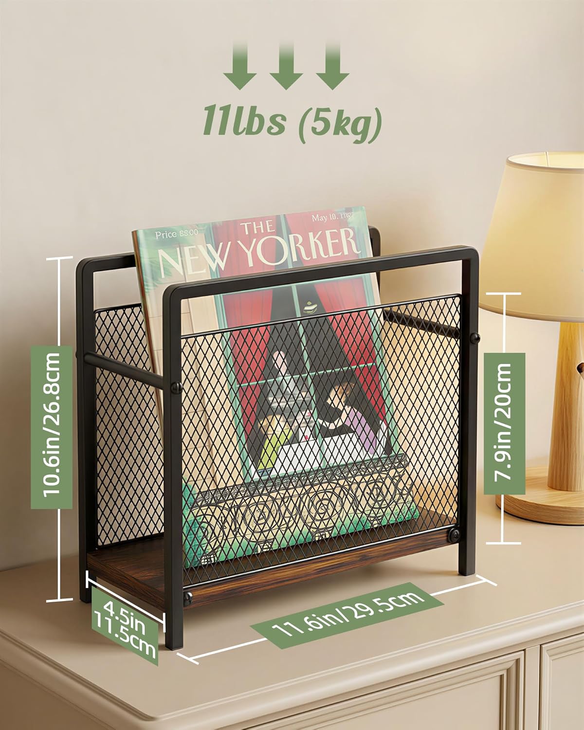 Magazine Holder, Magazine Rack Floor, Metal Mesh with Wood Base Magazine Storage Basket, Folder Organizer Bin for Books, Newspapers, Mails, Files, Dark Brown
