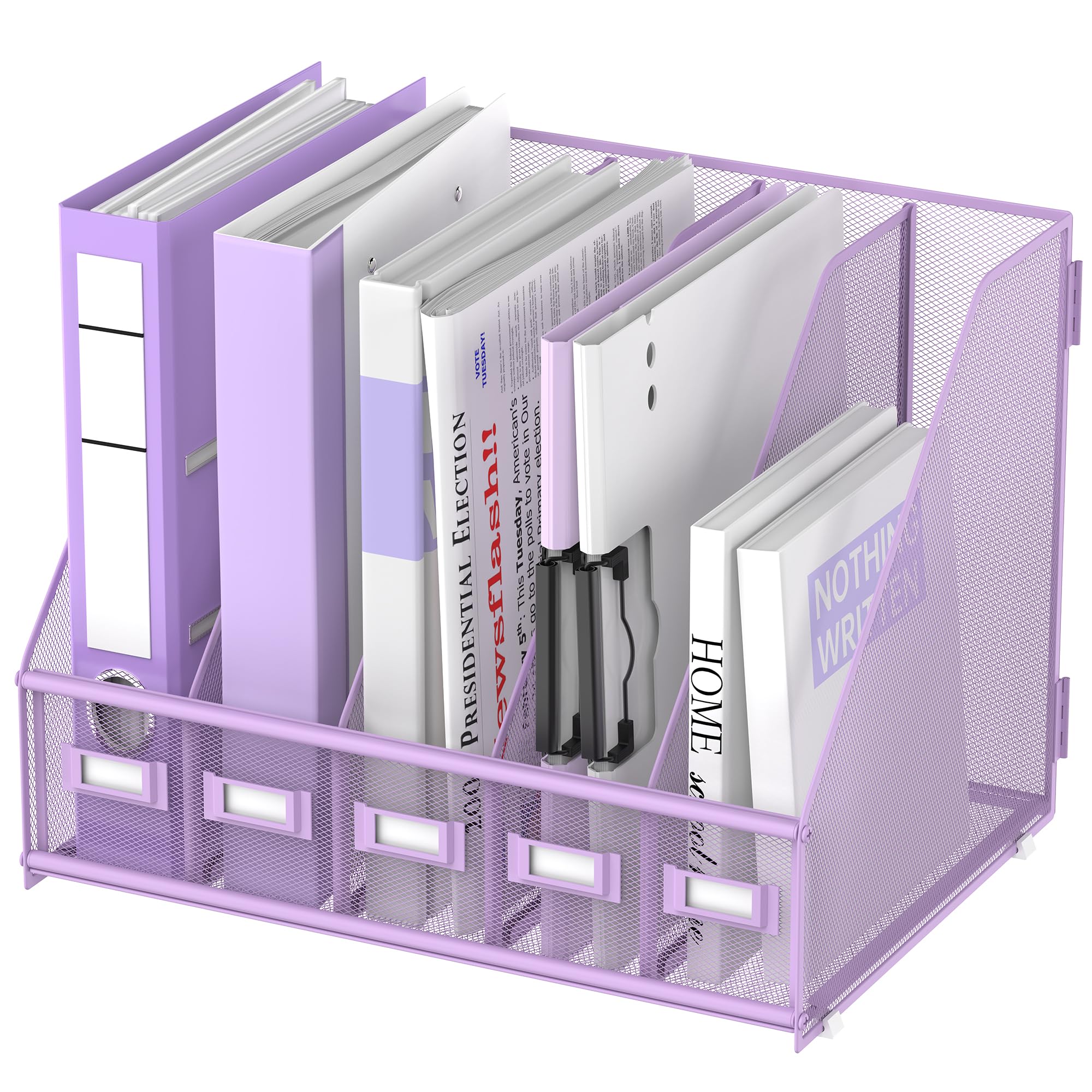 SUPEASY Desk Organizers Metal Desk Magazine File Holder with 5 Vertical Compartments Rack File Organizer for Office Desktop, Home Workspace, Black