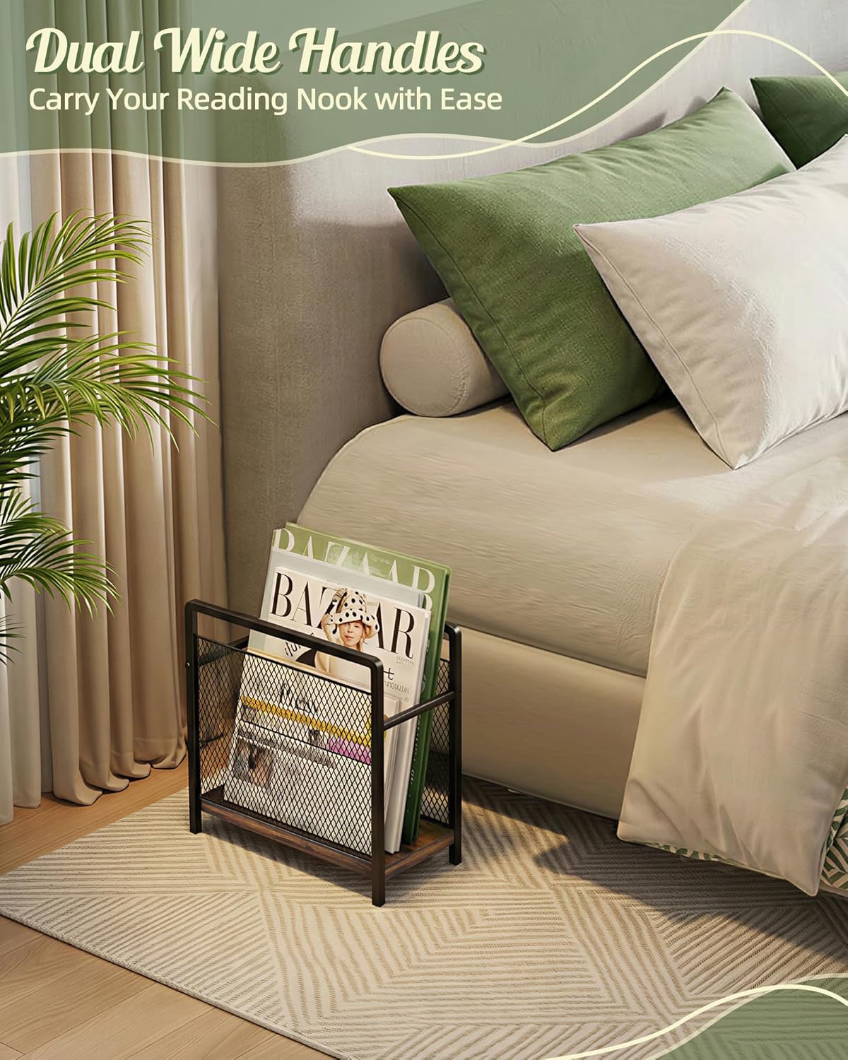 Magazine Holder, Magazine Rack Floor, Metal Mesh with Wood Base Magazine Storage Basket, Folder Organizer Bin for Books, Newspapers, Mails, Files, Dark Brown