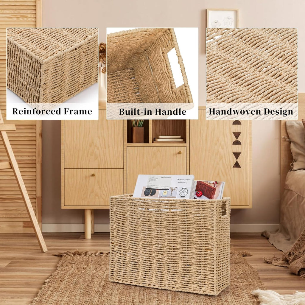 Woven Magazine Holder, Narrow Book Basket with Built-in Handles, Large 15'' x 6'' x 11'' File Storage Newspaper Organizer for Living Room, Bedroom, Office, Bathroom