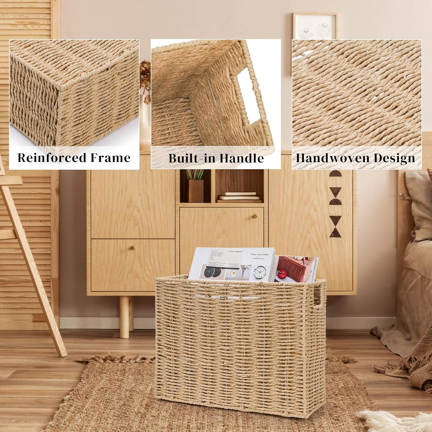 Woven Magazine Holder, Narrow Book Basket with Built-in Handles, Large 15'' x 6'' x 11'' File Storage Newspaper Organizer for Living Room, Bedroom, Office, Bathroom