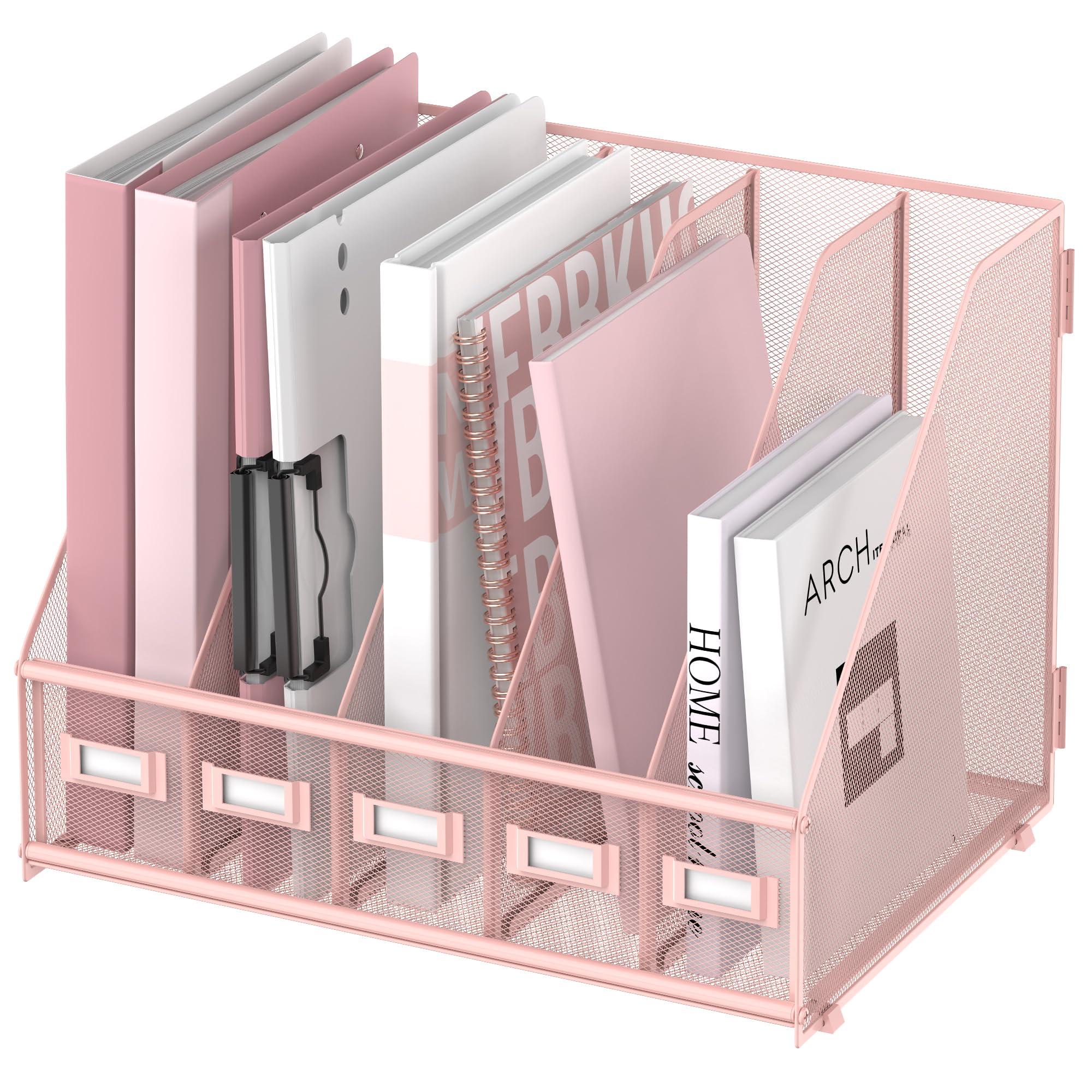 SUPEASY Desk Organizers Metal Desk Magazine File Holder with 5 Vertical Compartments Rack File Organizer for Office Desktop, Home Workspace, Black