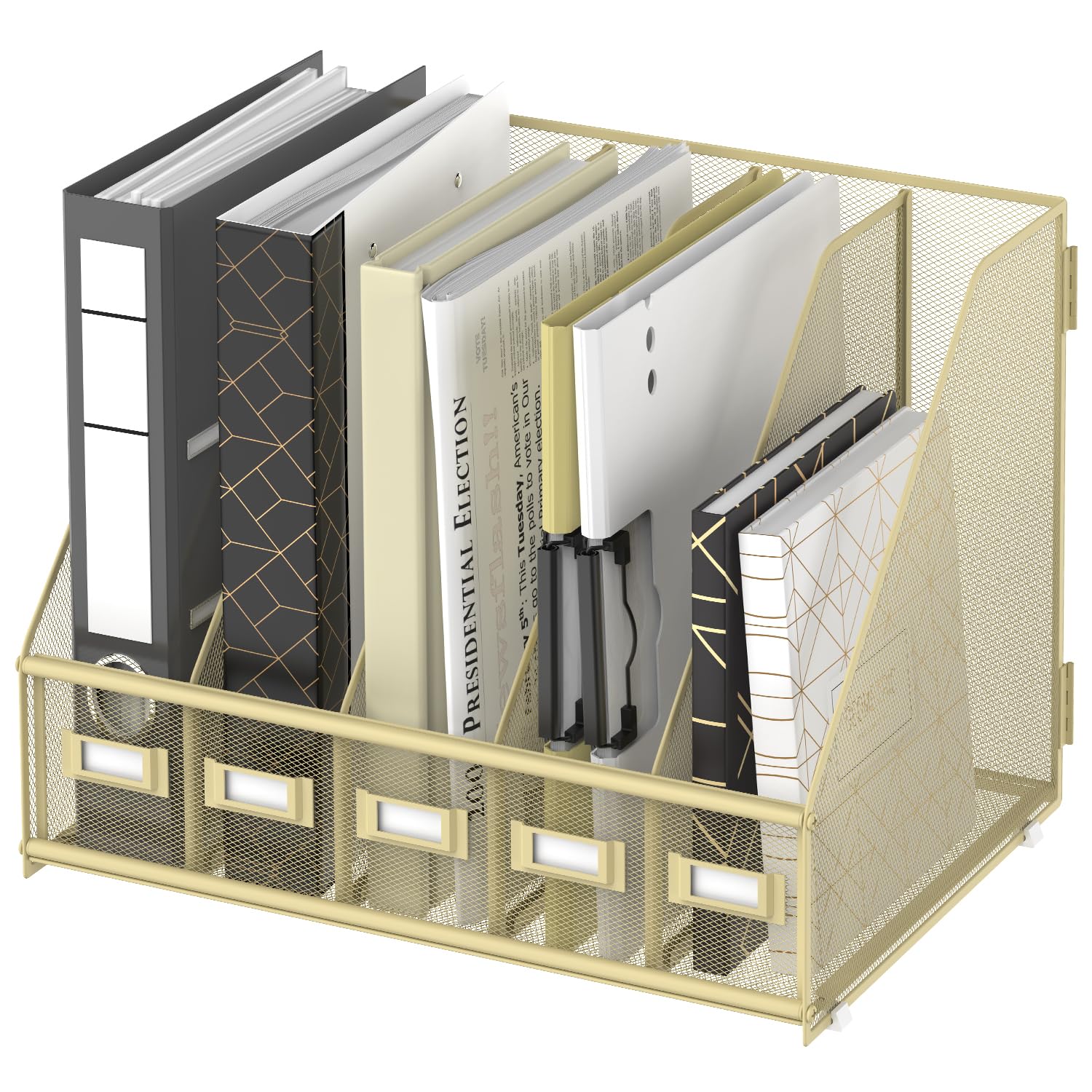 SUPEASY Desk Organizers Metal Desk Magazine File Holder with 5 Vertical Compartments Rack File Organizer for Office Desktop, Home Workspace, Black