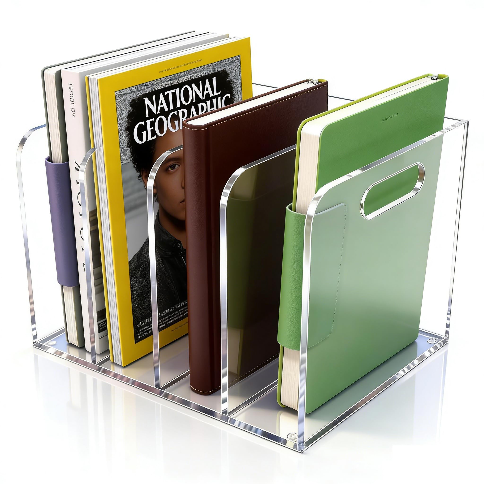 Acrylic Magazine File Holder, 4 Vertical Compartments Desk Document Sorter Organizer, Clear Folder Rack Binder for Office, Documents, Tablets, Magazines, Books – Home/Classroom Rack
