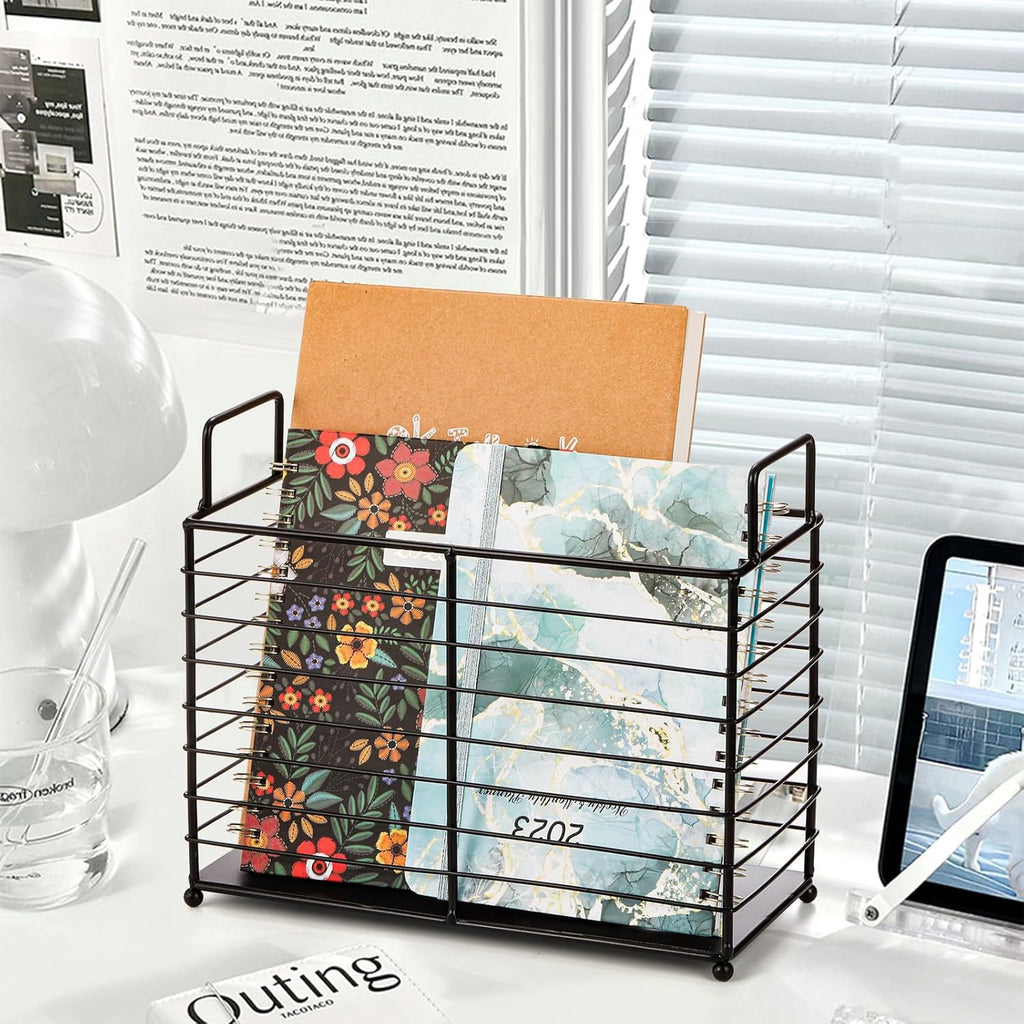 Metal Magazine Rack, Newspaper Book Tablet Storage Basket, File Holder Mail Organizer Bin with Handles, Iron Wire Black Folder Stand Holder for Home Office Bathroom Bedroom Den Living Room