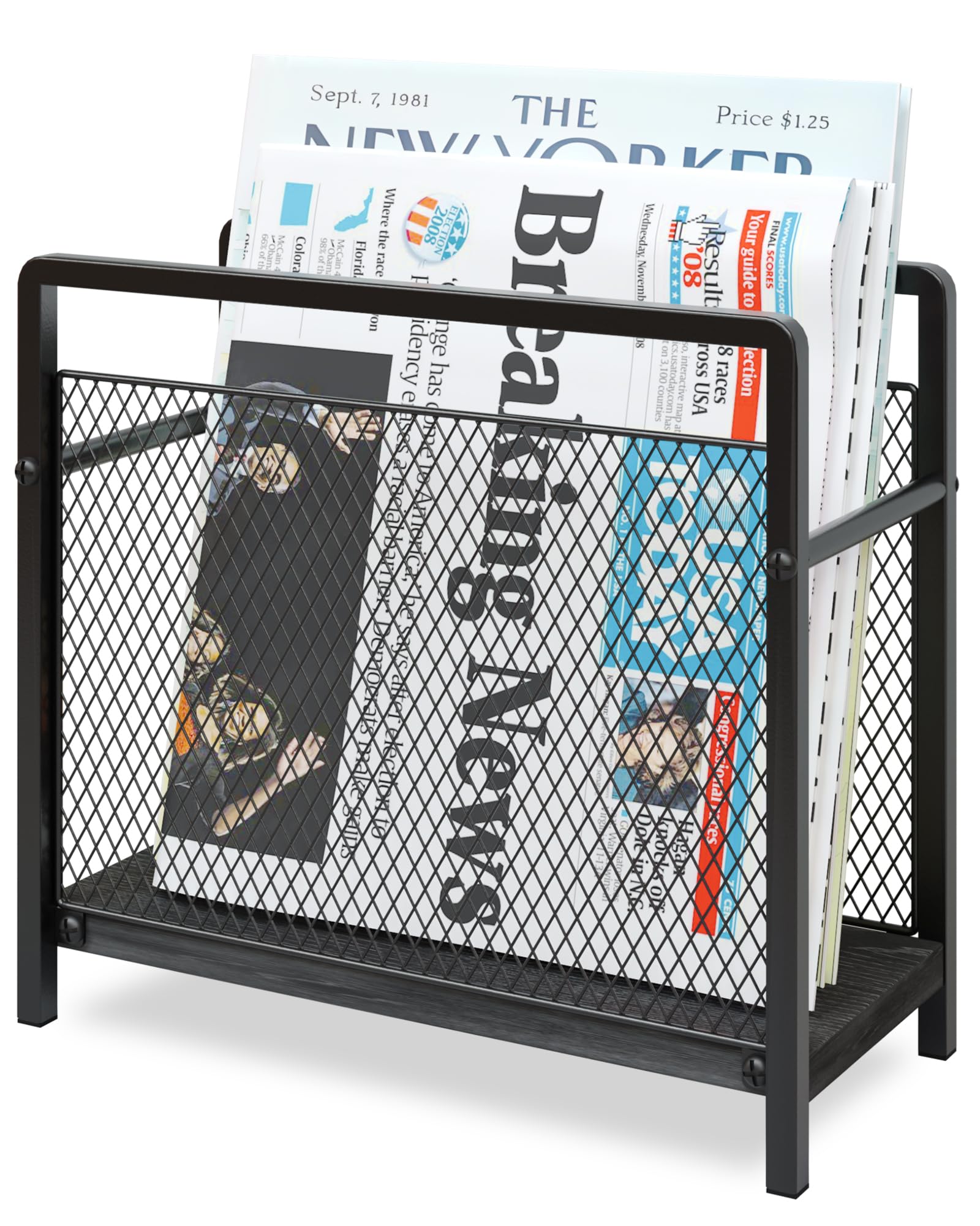Magazine Holder, Magazine Rack Floor, Metal Mesh with Wood Base Magazine Storage Basket, Folder Organizer Bin for Books, Newspapers, Mails, Files, Dark Brown
