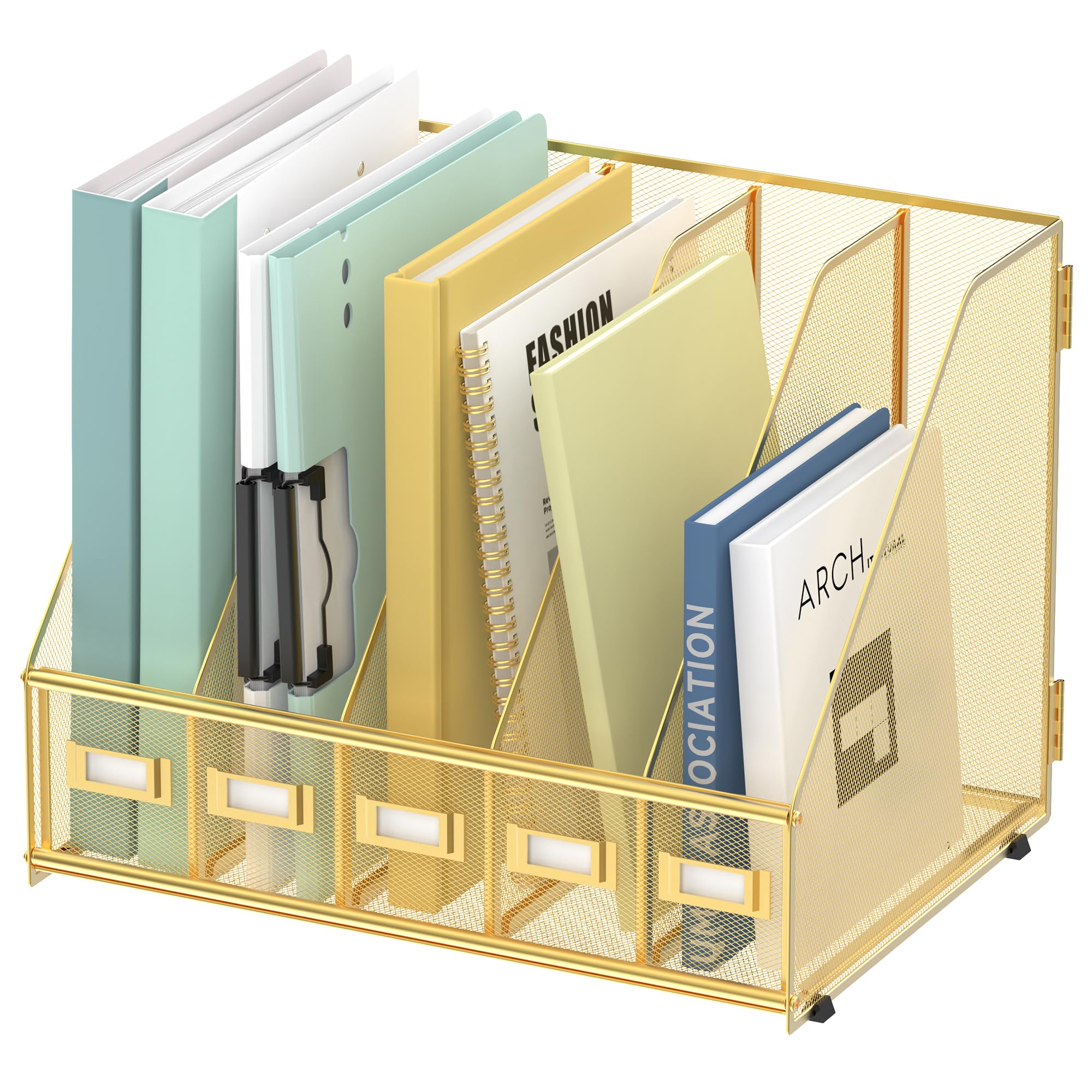 SUPEASY Desk Organizers Metal Desk Magazine File Holder with 5 Vertical Compartments Rack File Organizer for Office Desktop, Home Workspace, Black