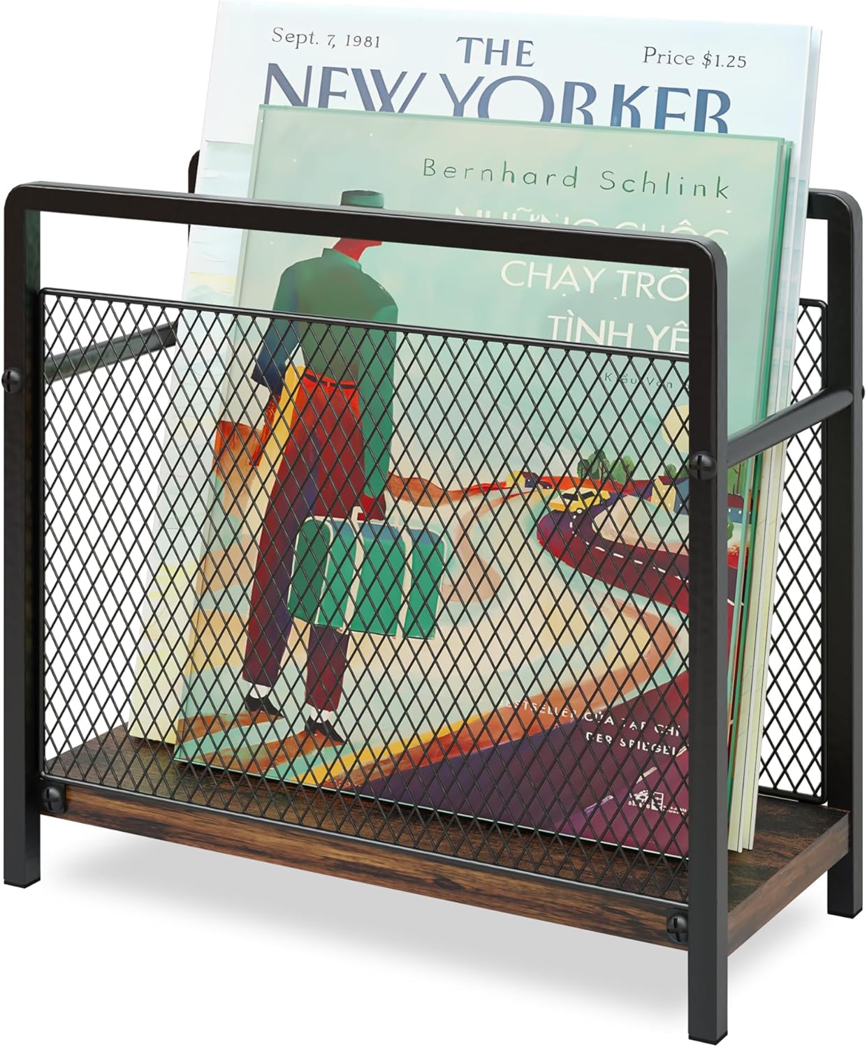 Magazine Holder, Magazine Rack Floor, Metal Mesh with Wood Base Magazine Storage Basket, Folder Organizer Bin for Books, Newspapers, Mails, Files, Dark Brown