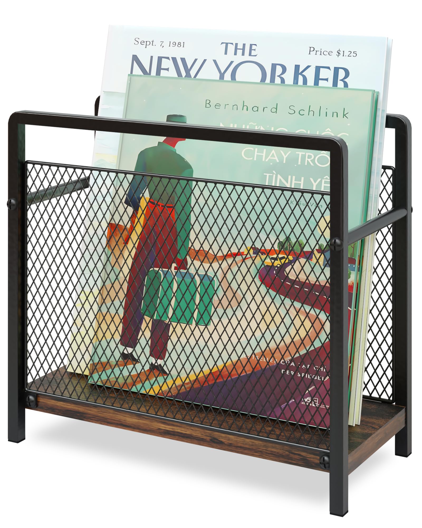 Magazine Holder, Magazine Rack Floor, Metal Mesh with Wood Base Magazine Storage Basket, Folder Organizer Bin for Books, Newspapers, Mails, Files, Dark Brown