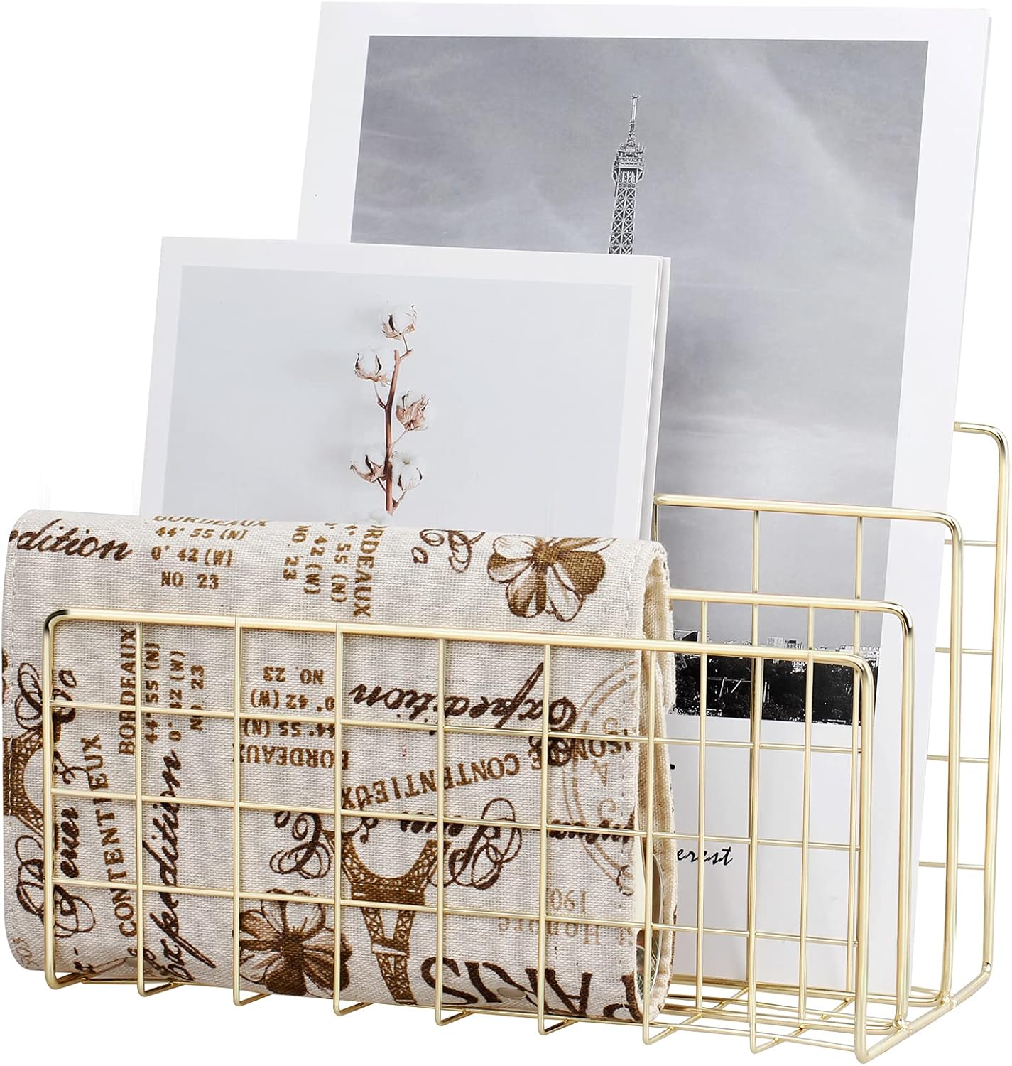Desktop Mail Organizer File Organizer Metal Wire Mail Sorter Letter Organizer Magazine Rack for Letters, Mails, Books, Postcards, Brochures, Mail Holder (3 Slot, Gold)