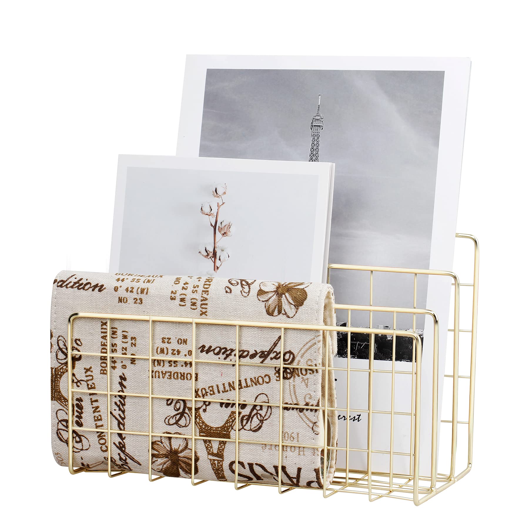 Desktop Mail Organizer File Organizer Metal Wire Mail Sorter Letter Organizer Magazine Rack for Letters, Mails, Books, Postcards, Brochures, Mail Holder (3 Slot, Gold)