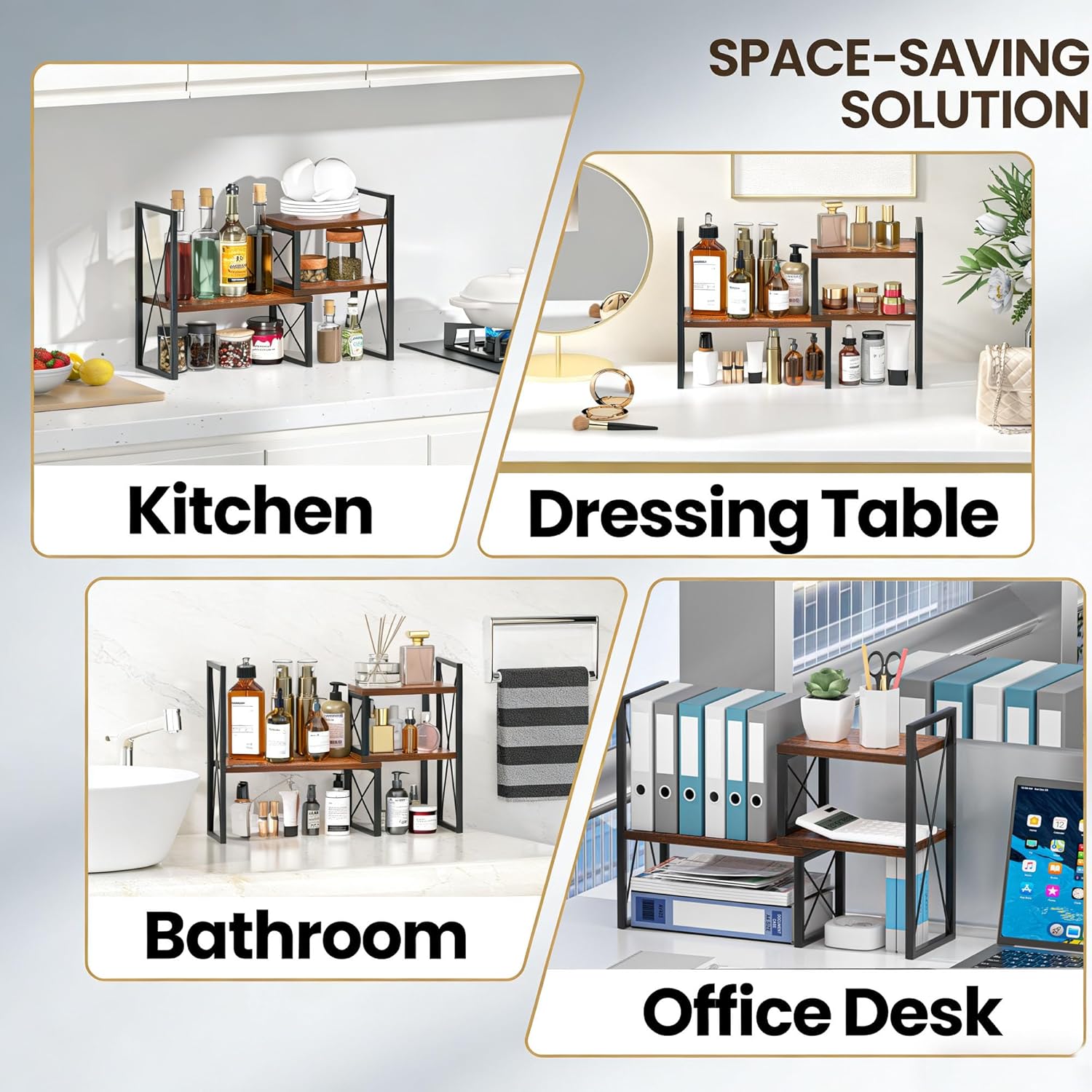 Desktop Shelf Organizer, Small Bookshelf for Office, Wood Shelves, Office Organization and Storage (Brown)