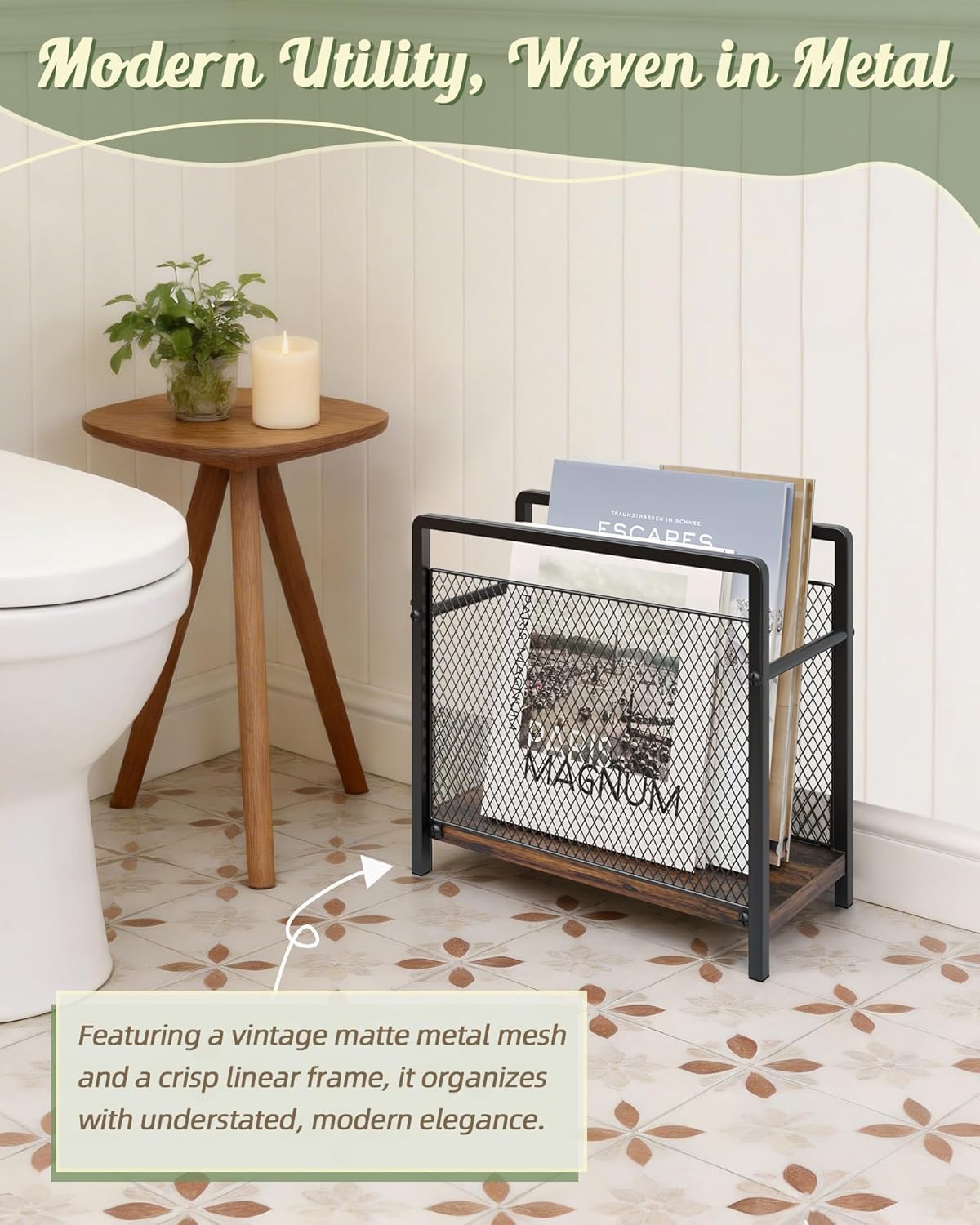 Magazine Holder, Magazine Rack Floor, Metal Mesh with Wood Base Magazine Storage Basket, Folder Organizer Bin for Books, Newspapers, Mails, Files, Dark Brown