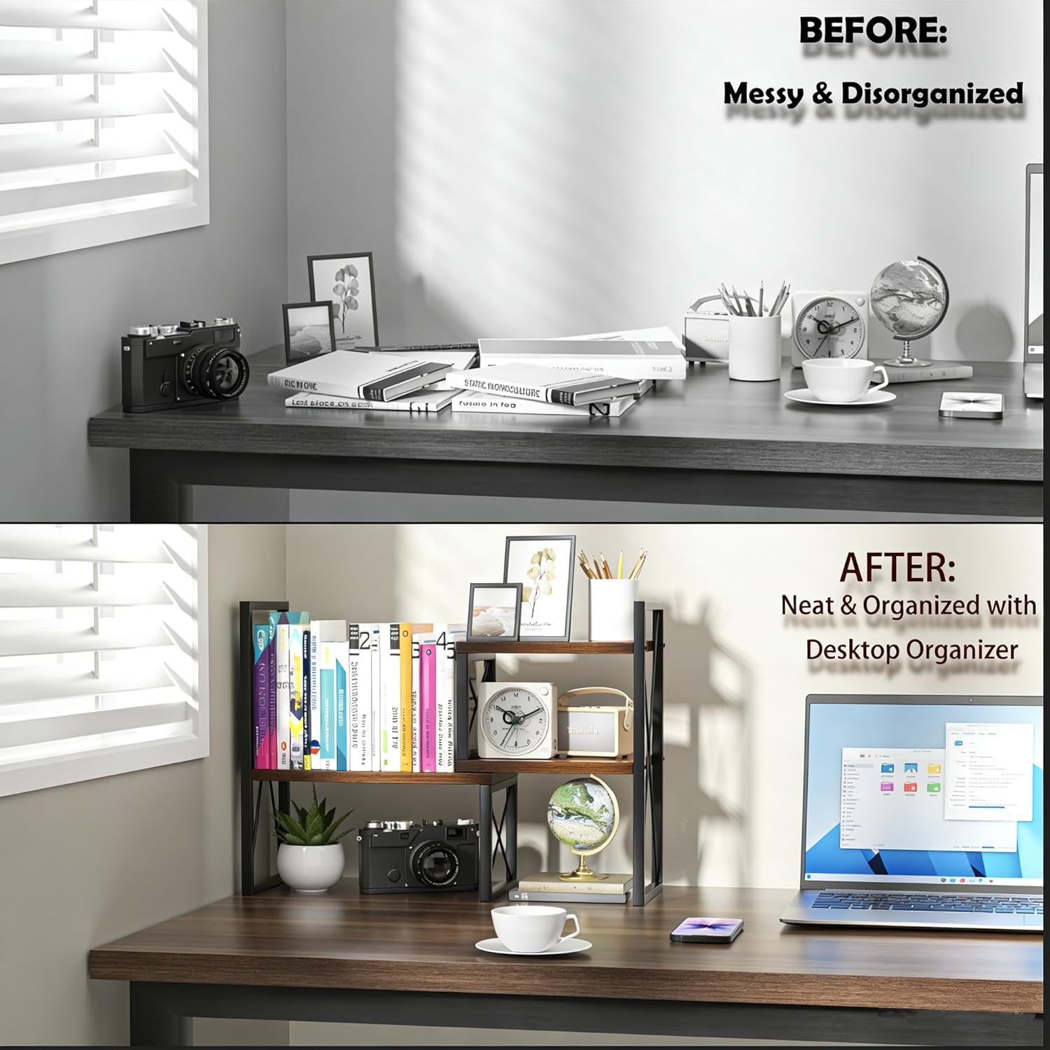 Desktop Shelf Organizer, Small Bookshelf for Office, Wood Shelves, Office Organization and Storage (Brown)