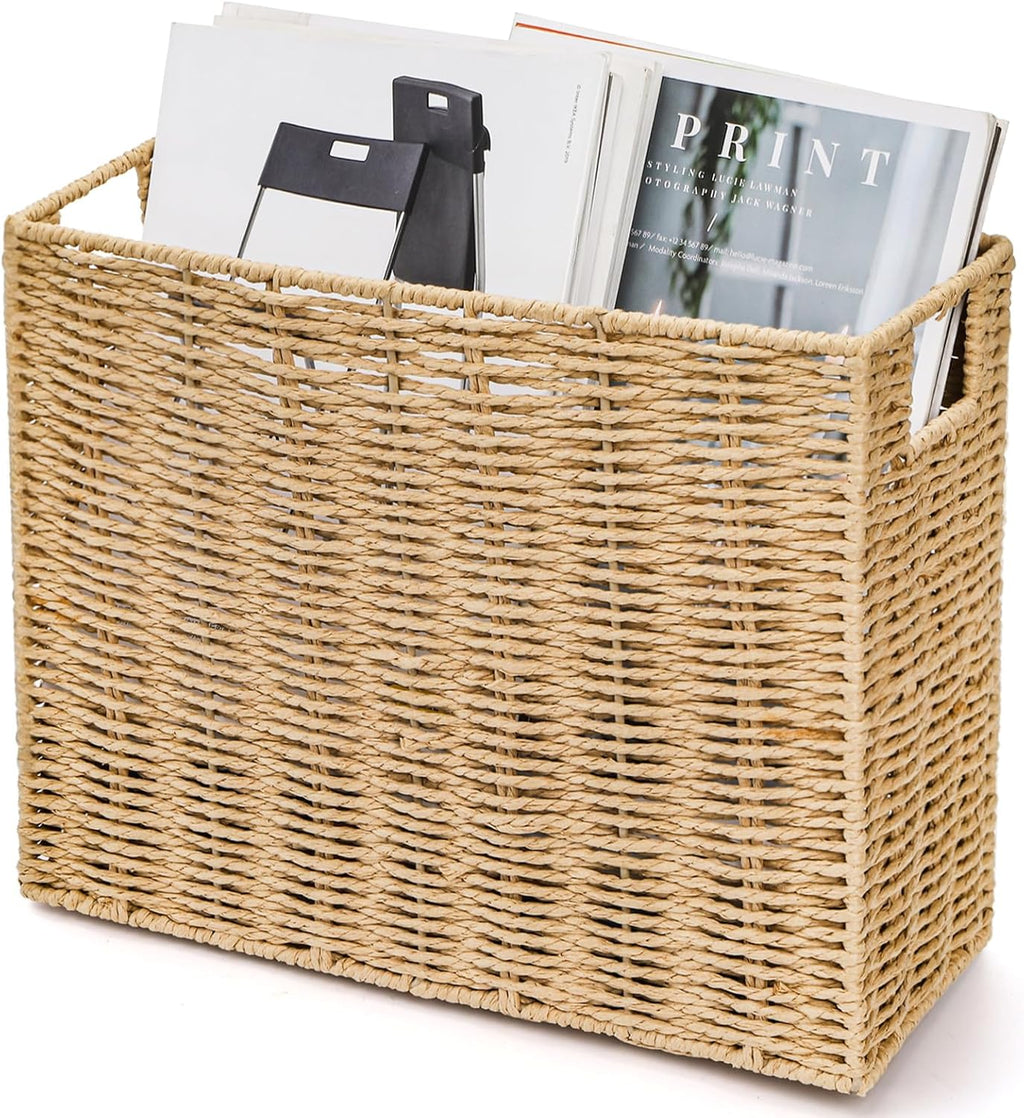 Woven Magazine Holder, Narrow Book Basket with Built-in Handles, Large 15'' x 6'' x 11'' File Storage Newspaper Organizer for Living Room, Bedroom, Office, Bathroom