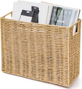 Woven Magazine Holder, Narrow Book Basket with Built-in Handles, Large 15'' x 6'' x 11'' File Storage Newspaper Organizer for Living Room, Bedroom, Office, Bathroom