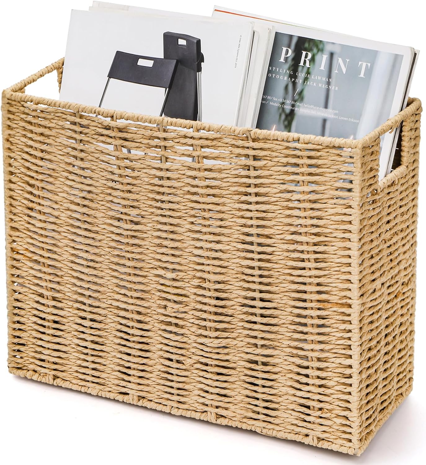 Woven Magazine Holder, Narrow Book Basket with Built-in Handles, Large 15'' x 6'' x 11'' File Storage Newspaper Organizer for Living Room, Bedroom, Office, Bathroom