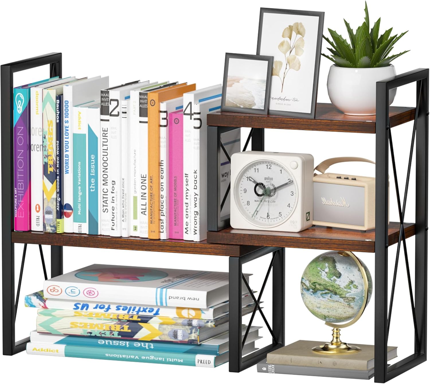 Desktop Shelf Organizer, Small Bookshelf for Office, Wood Shelves, Office Organization and Storage (Brown)