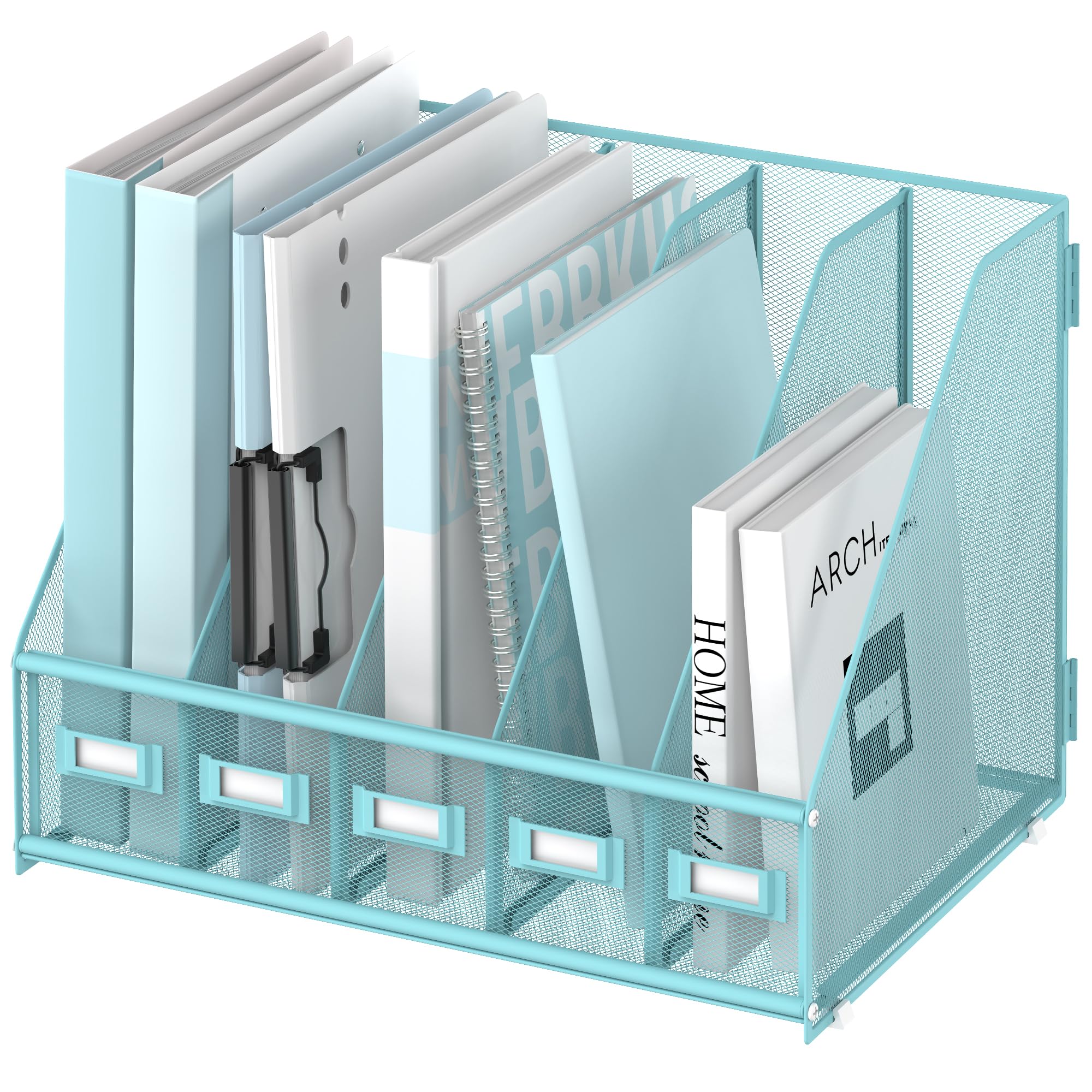 SUPEASY Desk Organizers Metal Desk Magazine File Holder with 5 Vertical Compartments Rack File Organizer for Office Desktop, Home Workspace, Black