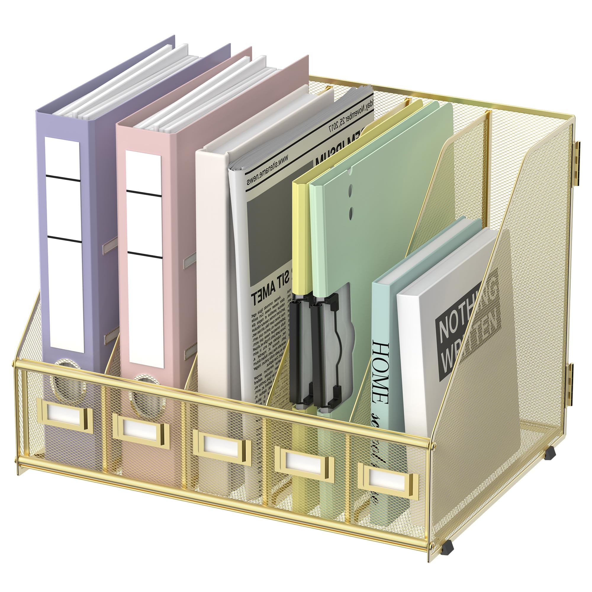 SUPEASY Desk Organizers Metal Desk Magazine File Holder with 5 Vertical Compartments Rack File Organizer for Office Desktop, Home Workspace, Black