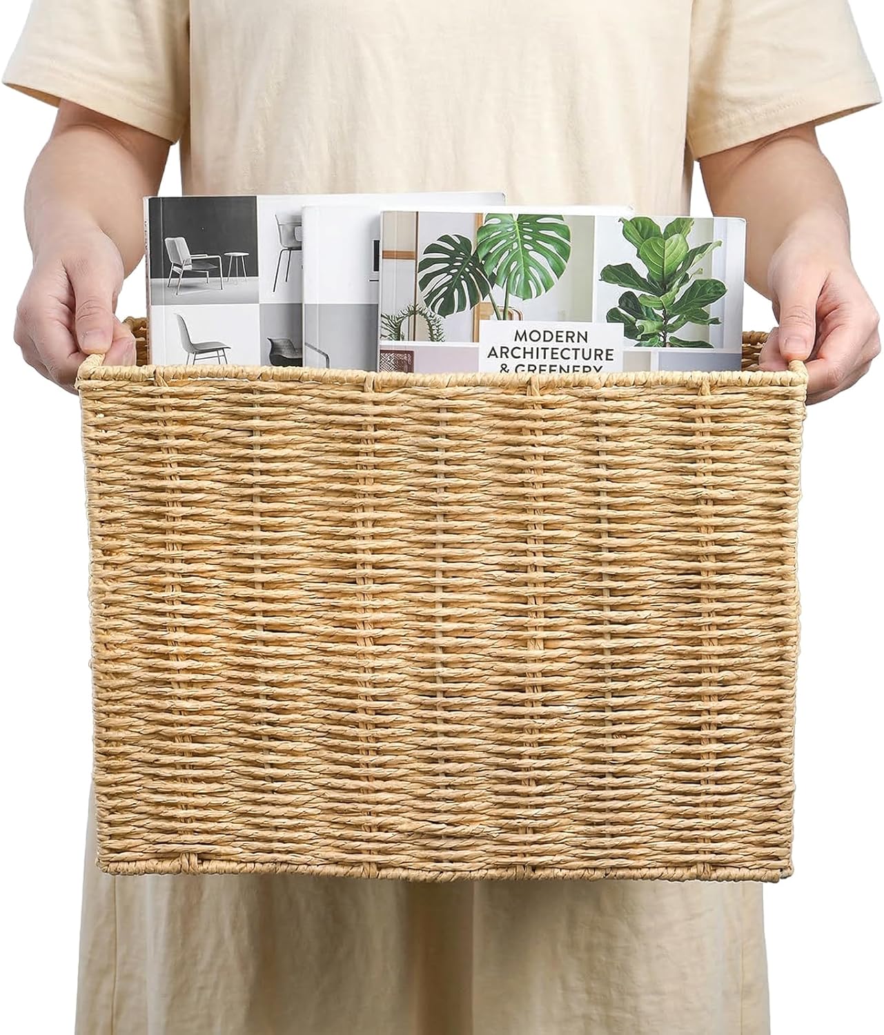 Woven Magazine Holder, Narrow Book Basket with Built-in Handles, Large 15'' x 6'' x 11'' File Storage Newspaper Organizer for Living Room, Bedroom, Office, Bathroom