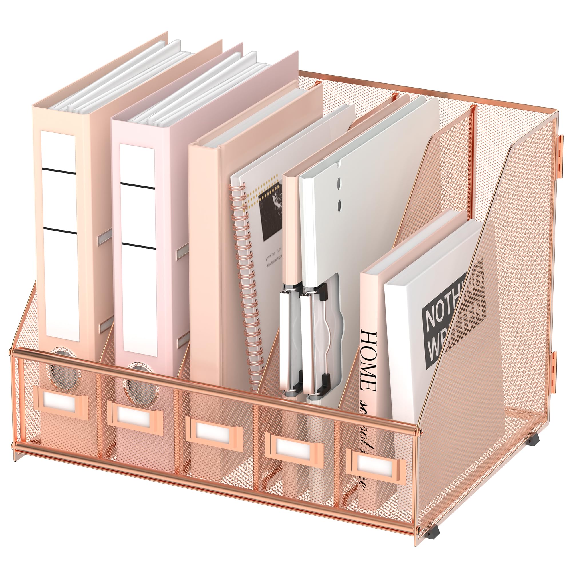 SUPEASY Desk Organizers Metal Desk Magazine File Holder with 5 Vertical Compartments Rack File Organizer for Office Desktop, Home Workspace, Black