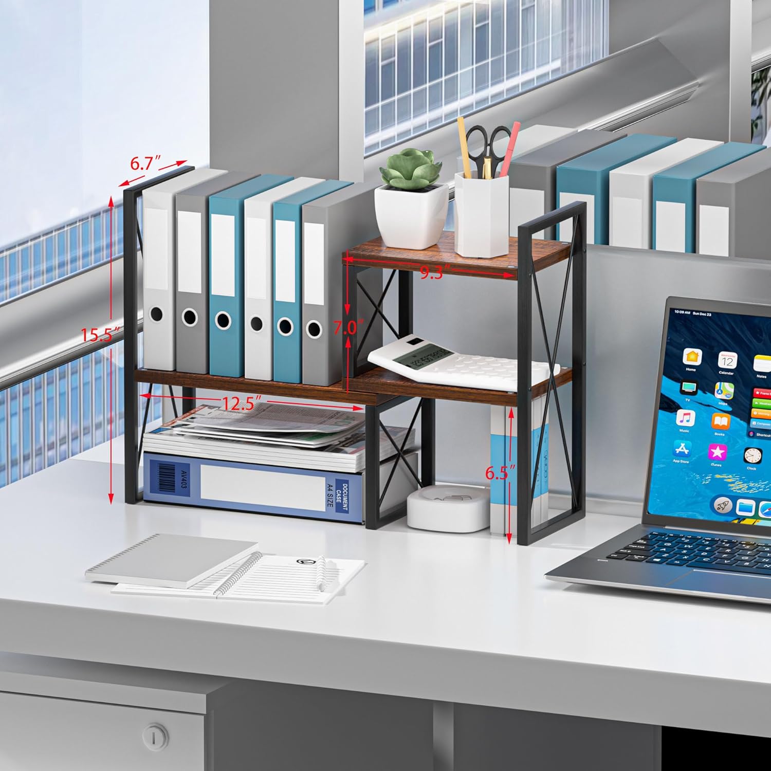 Desktop Shelf Organizer, Small Bookshelf for Office, Wood Shelves, Office Organization and Storage (Brown)