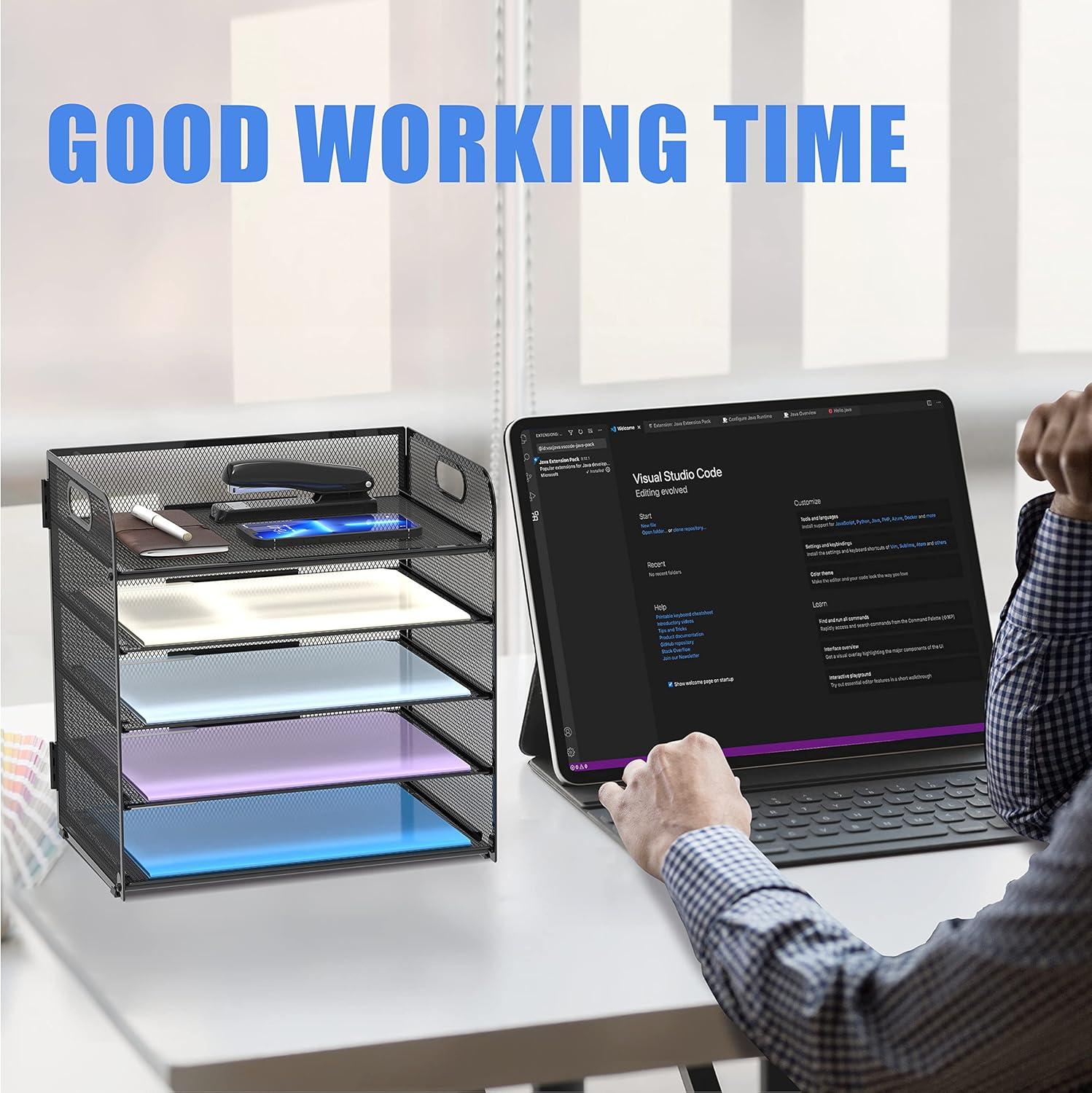 Supeasy 5 Trays Paper Organizer Letter Tray with Handle-Mesh Desk File Organizer, Paper Sorter Desk Organizer for Office, Home or School