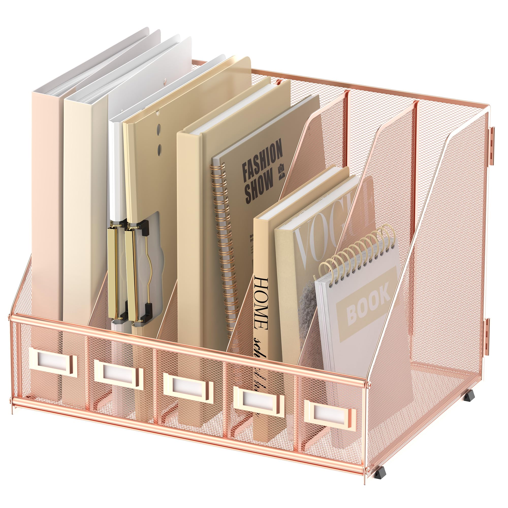 SUPEASY Desk Organizers Metal Desk Magazine File Holder with 5 Vertical Compartments Rack File Organizer for Office Desktop, Home Workspace, Black