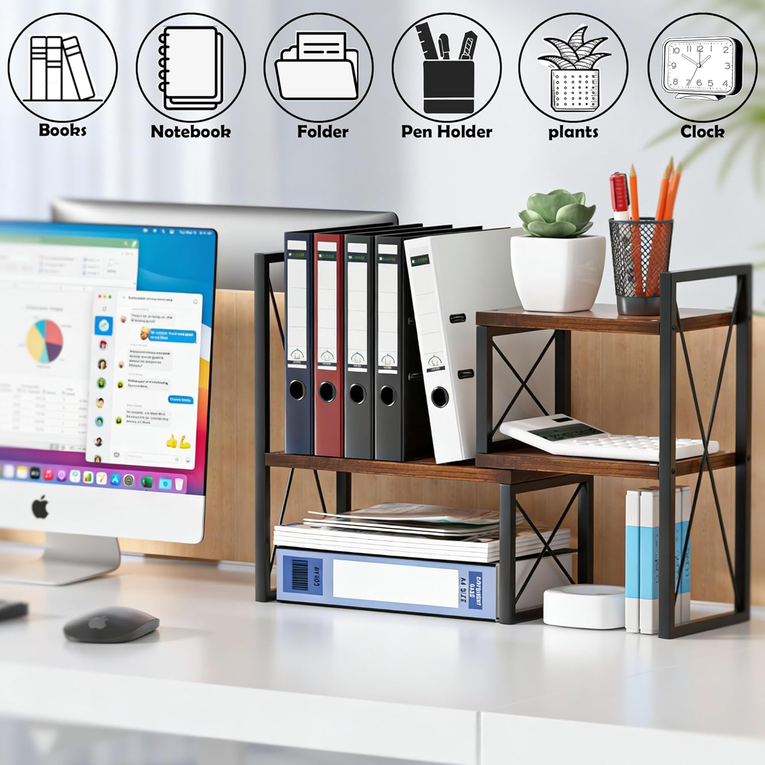 Desktop Shelf Organizer, Small Bookshelf for Office, Wood Shelves, Office Organization and Storage (Brown)