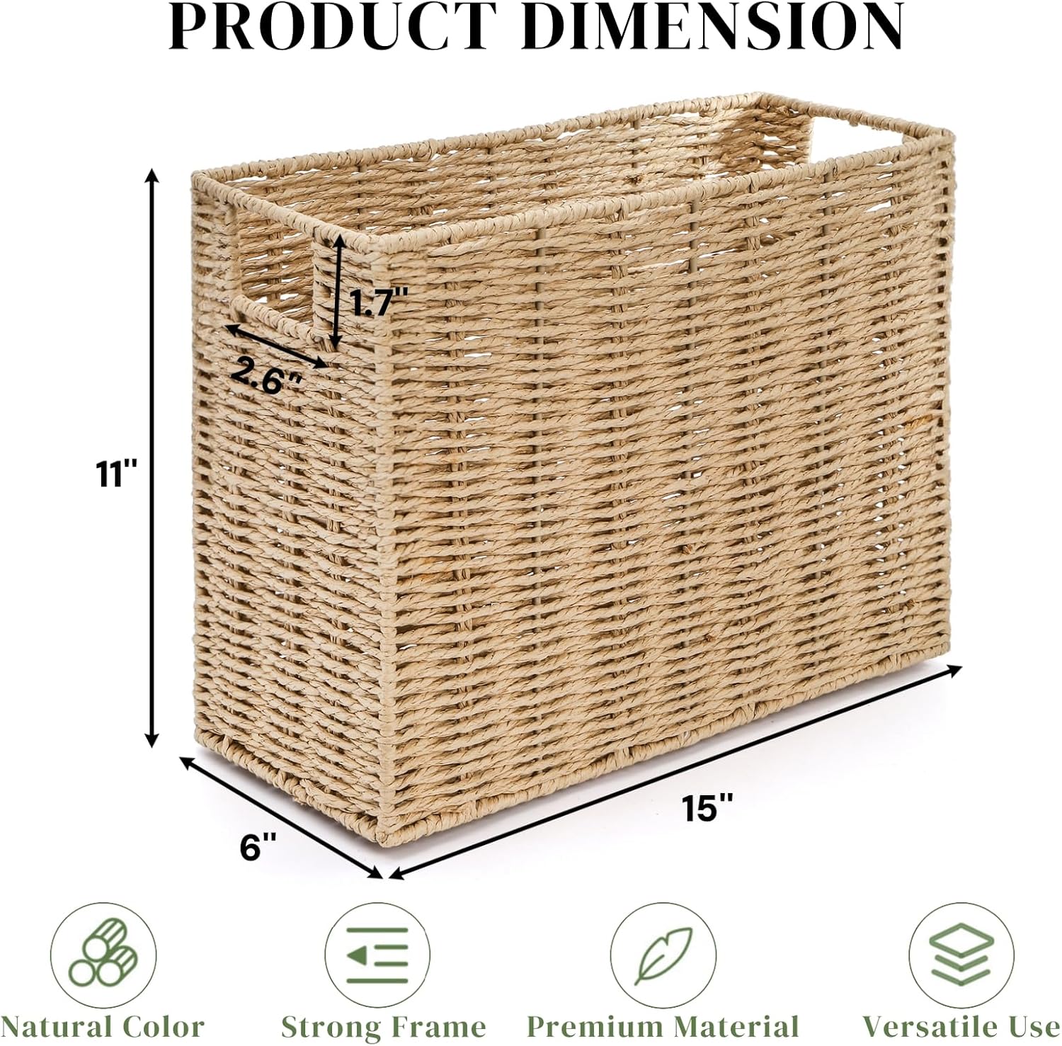Woven Magazine Holder, Narrow Book Basket with Built-in Handles, Large 15'' x 6'' x 11'' File Storage Newspaper Organizer for Living Room, Bedroom, Office, Bathroom
