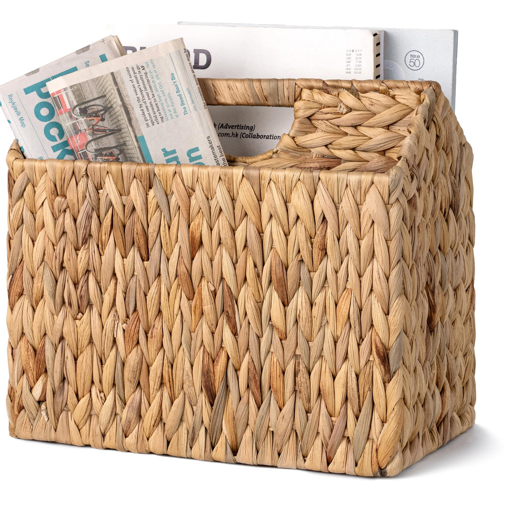 StorageWorks Hand-Woven Magazine Holder, Magazine Wicker Basket for Bathroom, Office, Rattan Magazine Holder, Natural Water Hyacinth, 1 Pack