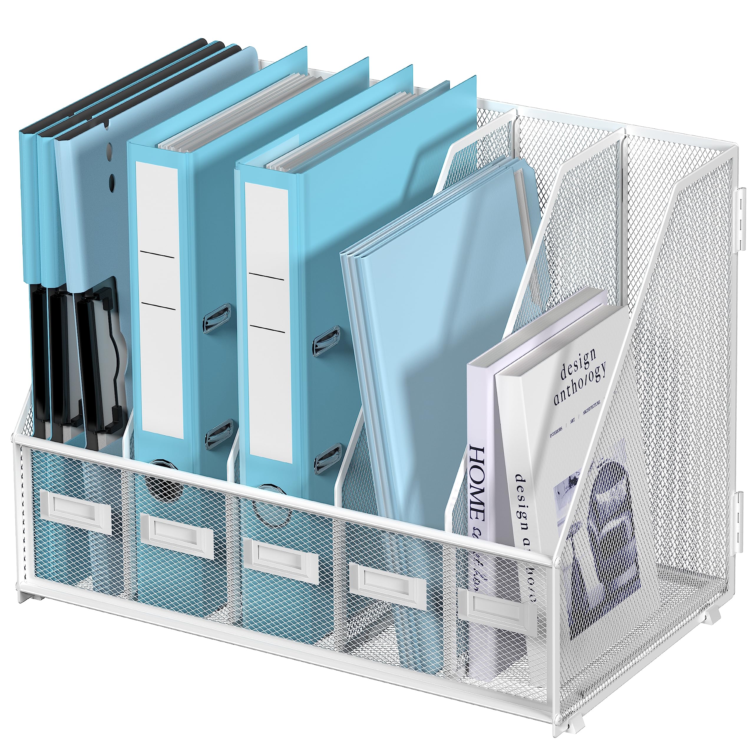 SUPEASY Desk Organizers Metal Desk Magazine File Holder with 5 Vertical Compartments Rack File Organizer for Office Desktop, Home Workspace, Black