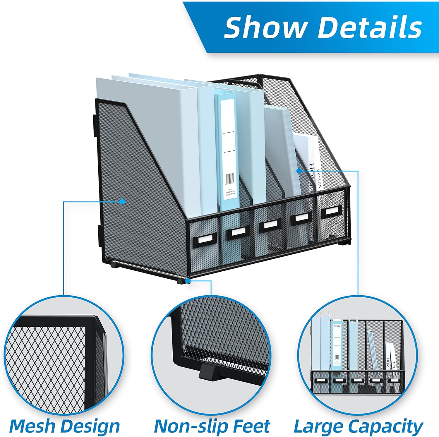 SUPEASY Desk Organizers Metal Desk Magazine File Holder with 5 Vertical Compartments Rack File Organizer for Office Desktop, Home Workspace, Black